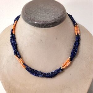 Vintage Genuine Coral and Sodalite Triple Strand Necklace